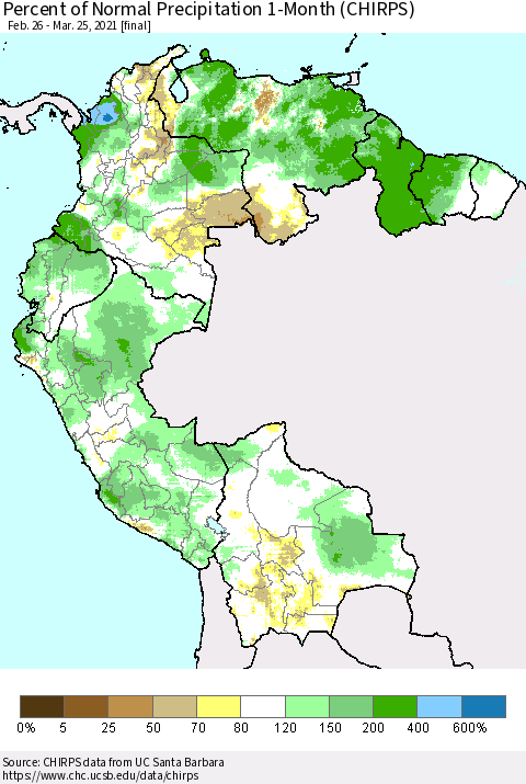 Northern South America Percent of Normal Precipitation 1-Month (CHIRPS) Thematic Map For 2/26/2021 - 3/25/2021