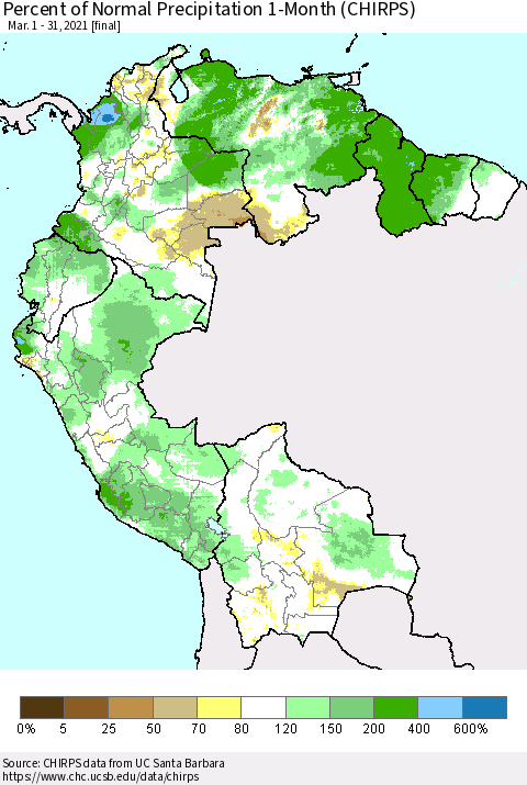 Northern South America Percent of Normal Precipitation 1-Month (CHIRPS) Thematic Map For 3/1/2021 - 3/31/2021