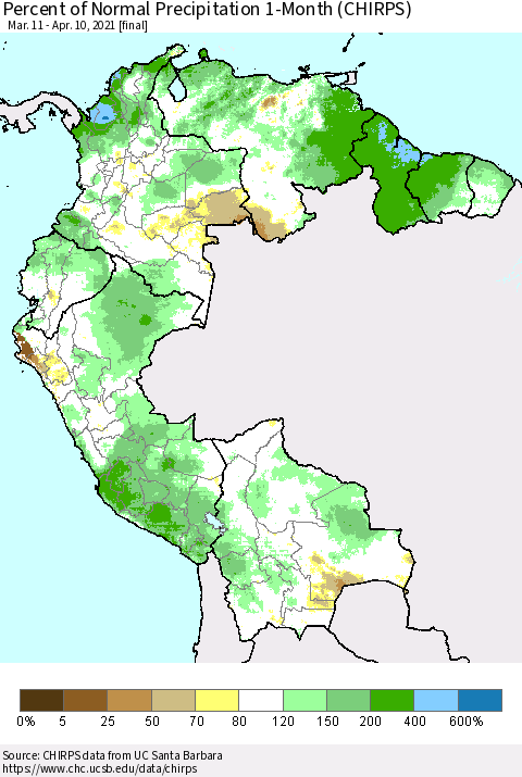 Northern South America Percent of Normal Precipitation 1-Month (CHIRPS) Thematic Map For 3/11/2021 - 4/10/2021