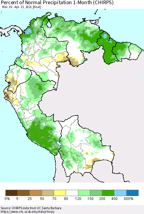 Northern South America Percent of Normal Precipitation 1-Month (CHIRPS) Thematic Map For 3/16/2021 - 4/15/2021