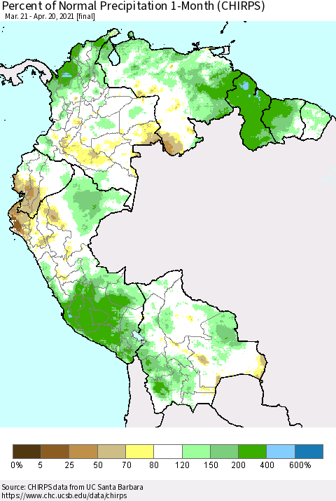 Northern South America Percent of Normal Precipitation 1-Month (CHIRPS) Thematic Map For 3/21/2021 - 4/20/2021
