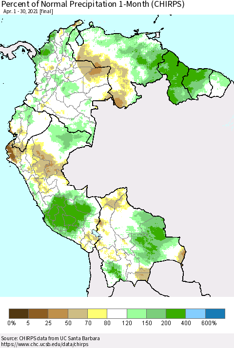 Northern South America Percent of Normal Precipitation 1-Month (CHIRPS) Thematic Map For 4/1/2021 - 4/30/2021