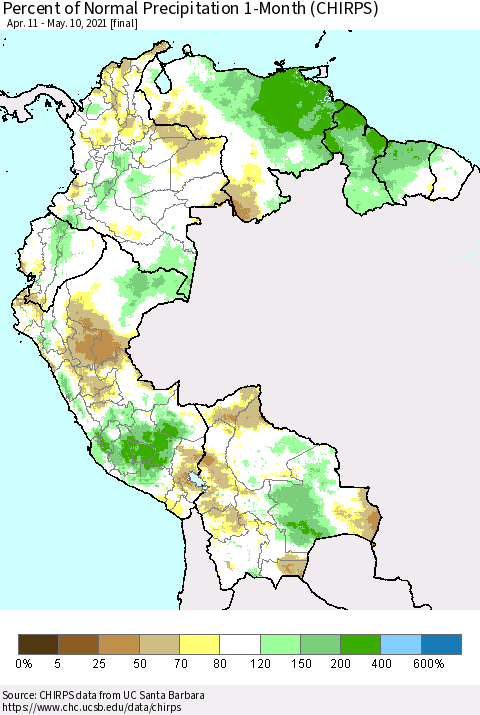 Northern South America Percent of Normal Precipitation 1-Month (CHIRPS) Thematic Map For 4/11/2021 - 5/10/2021