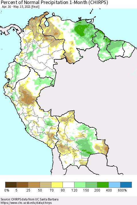 Northern South America Percent of Normal Precipitation 1-Month (CHIRPS) Thematic Map For 4/16/2021 - 5/15/2021