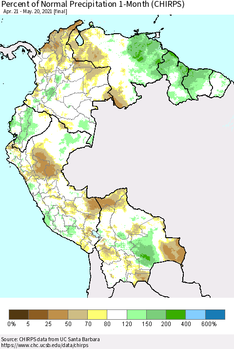 Northern South America Percent of Normal Precipitation 1-Month (CHIRPS) Thematic Map For 4/21/2021 - 5/20/2021