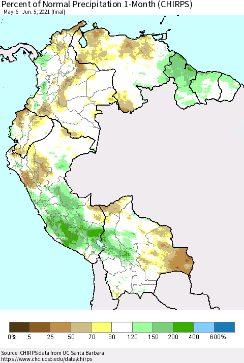 Northern South America Percent of Normal Precipitation 1-Month (CHIRPS) Thematic Map For 5/6/2021 - 6/5/2021