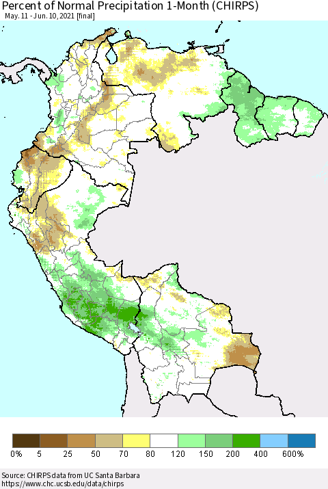 Northern South America Percent of Normal Precipitation 1-Month (CHIRPS) Thematic Map For 5/11/2021 - 6/10/2021