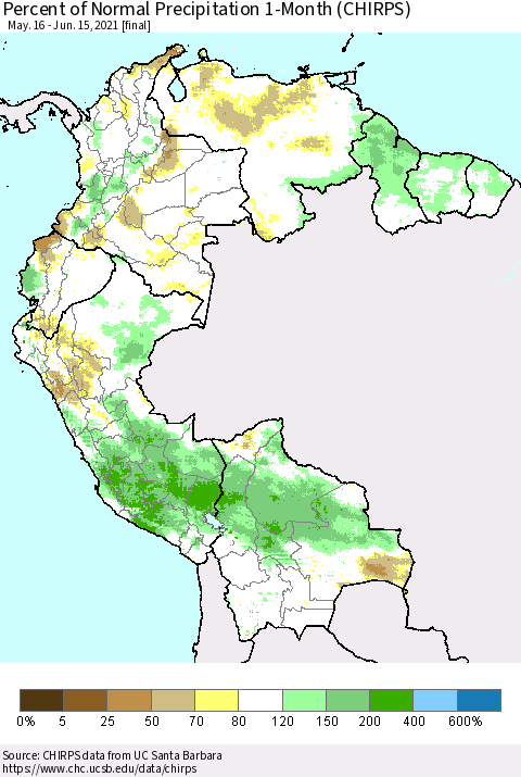 Northern South America Percent of Normal Precipitation 1-Month (CHIRPS) Thematic Map For 5/16/2021 - 6/15/2021