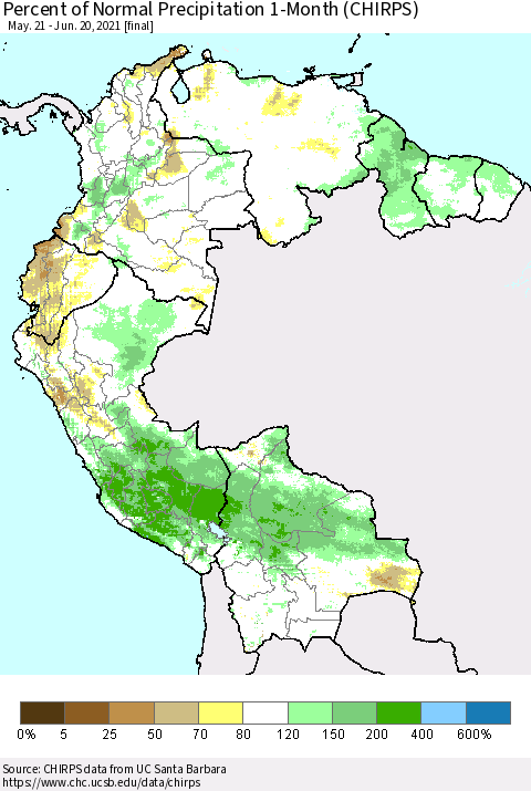 Northern South America Percent of Normal Precipitation 1-Month (CHIRPS) Thematic Map For 5/21/2021 - 6/20/2021