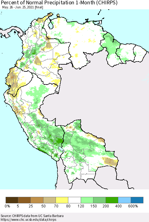 Northern South America Percent of Normal Precipitation 1-Month (CHIRPS) Thematic Map For 5/26/2021 - 6/25/2021