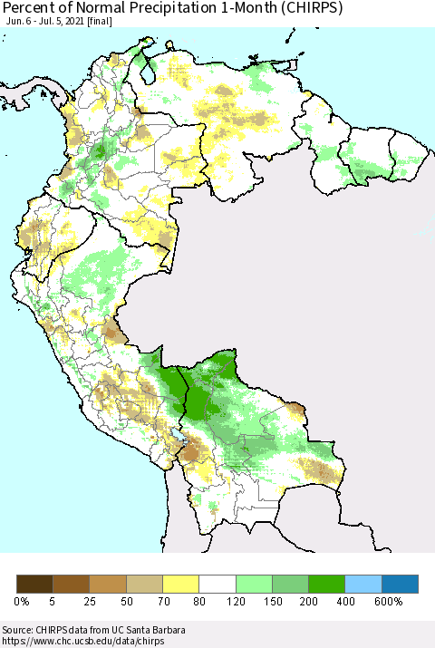 Northern South America Percent of Normal Precipitation 1-Month (CHIRPS) Thematic Map For 6/6/2021 - 7/5/2021