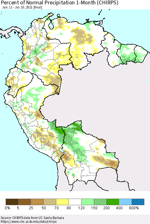 Northern South America Percent of Normal Precipitation 1-Month (CHIRPS) Thematic Map For 6/11/2021 - 7/10/2021