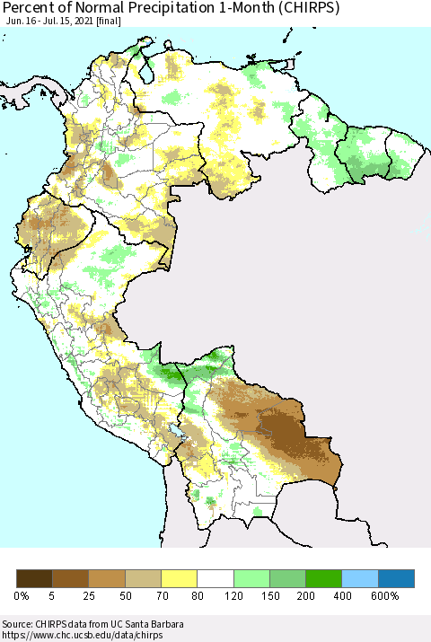 Northern South America Percent of Normal Precipitation 1-Month (CHIRPS) Thematic Map For 6/16/2021 - 7/15/2021
