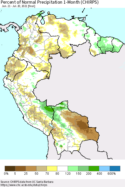 Northern South America Percent of Normal Precipitation 1-Month (CHIRPS) Thematic Map For 6/21/2021 - 7/20/2021