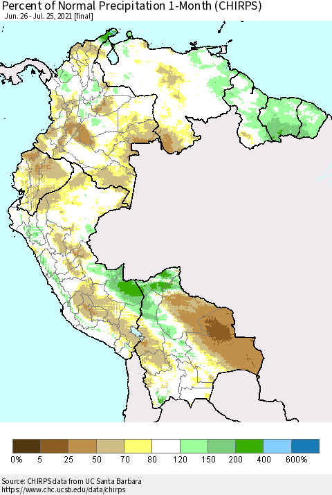 Northern South America Percent of Normal Precipitation 1-Month (CHIRPS) Thematic Map For 6/26/2021 - 7/25/2021