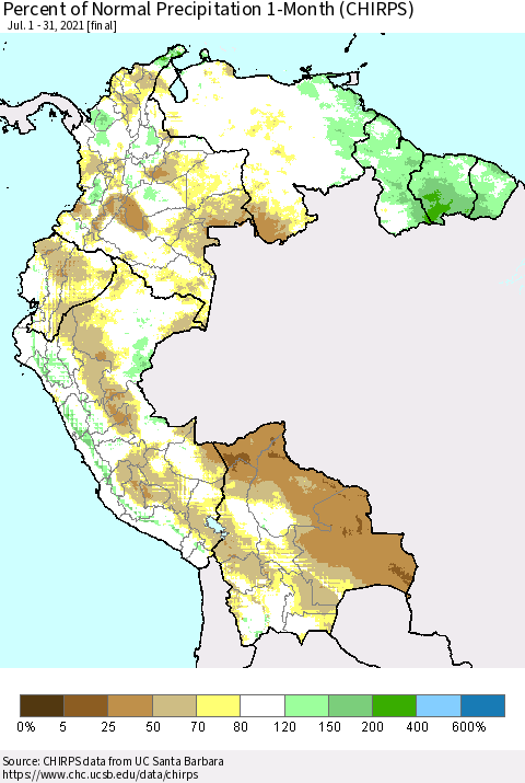 Northern South America Percent of Normal Precipitation 1-Month (CHIRPS) Thematic Map For 7/1/2021 - 7/31/2021