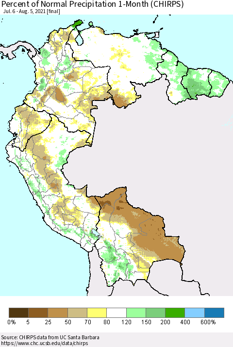 Northern South America Percent of Normal Precipitation 1-Month (CHIRPS) Thematic Map For 7/6/2021 - 8/5/2021