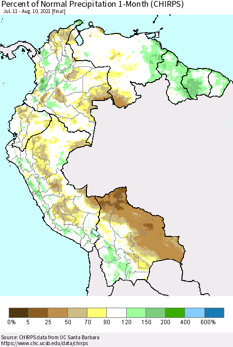 Northern South America Percent of Normal Precipitation 1-Month (CHIRPS) Thematic Map For 7/11/2021 - 8/10/2021