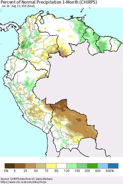 Northern South America Percent of Normal Precipitation 1-Month (CHIRPS) Thematic Map For 7/16/2021 - 8/15/2021