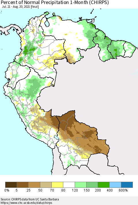 Northern South America Percent of Normal Precipitation 1-Month (CHIRPS) Thematic Map For 7/21/2021 - 8/20/2021