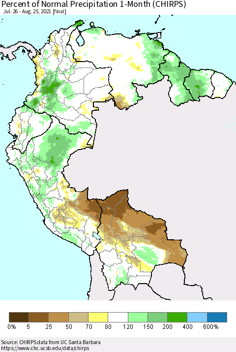 Northern South America Percent of Normal Precipitation 1-Month (CHIRPS) Thematic Map For 7/26/2021 - 8/25/2021