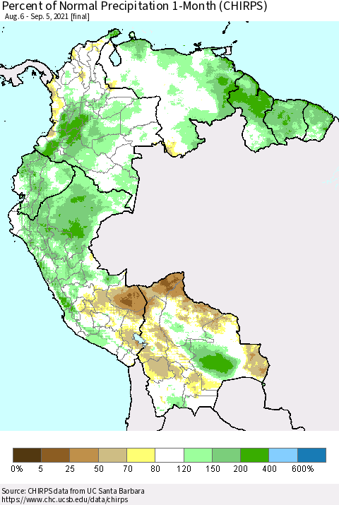 Northern South America Percent of Normal Precipitation 1-Month (CHIRPS) Thematic Map For 8/6/2021 - 9/5/2021