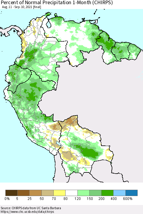 Northern South America Percent of Normal Precipitation 1-Month (CHIRPS) Thematic Map For 8/11/2021 - 9/10/2021