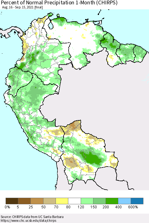 Northern South America Percent of Normal Precipitation 1-Month (CHIRPS) Thematic Map For 8/16/2021 - 9/15/2021