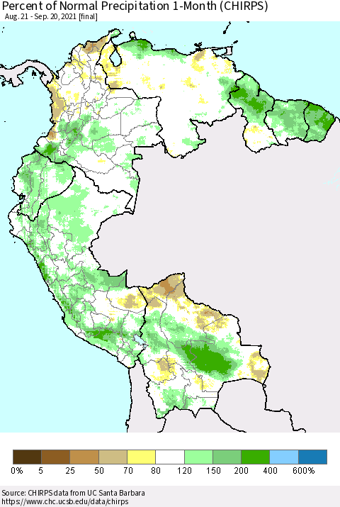 Northern South America Percent of Normal Precipitation 1-Month (CHIRPS) Thematic Map For 8/21/2021 - 9/20/2021