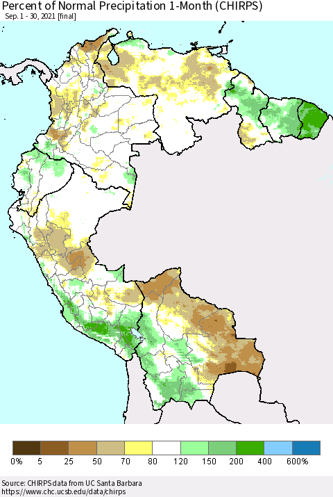 Northern South America Percent of Normal Precipitation 1-Month (CHIRPS) Thematic Map For 9/1/2021 - 9/30/2021