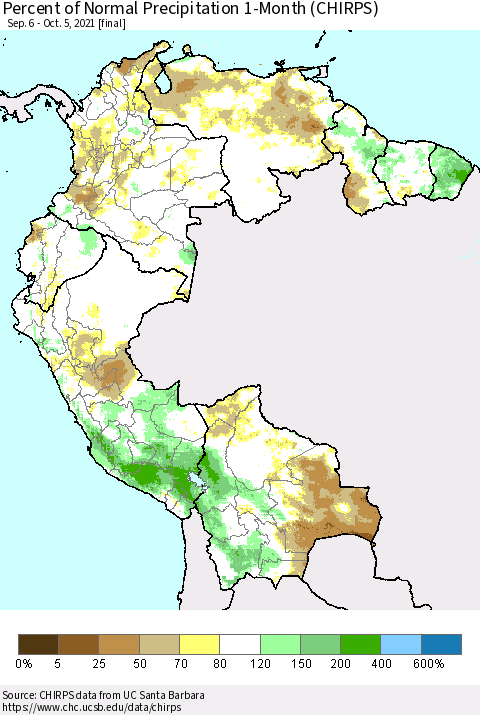 Northern South America Percent of Normal Precipitation 1-Month (CHIRPS) Thematic Map For 9/6/2021 - 10/5/2021