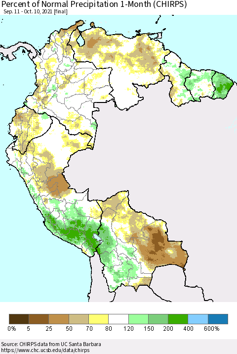 Northern South America Percent of Normal Precipitation 1-Month (CHIRPS) Thematic Map For 9/11/2021 - 10/10/2021