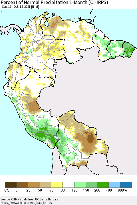 Northern South America Percent of Normal Precipitation 1-Month (CHIRPS) Thematic Map For 9/16/2021 - 10/15/2021