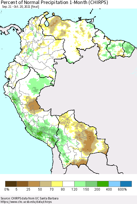 Northern South America Percent of Normal Precipitation 1-Month (CHIRPS) Thematic Map For 9/21/2021 - 10/20/2021