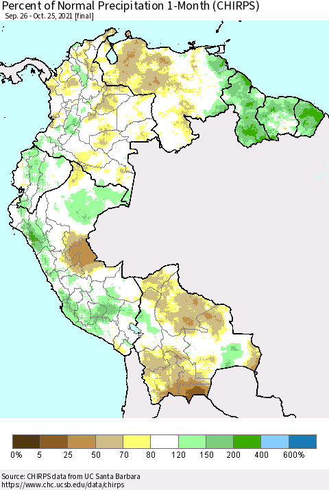 Northern South America Percent of Normal Precipitation 1-Month (CHIRPS) Thematic Map For 9/26/2021 - 10/25/2021