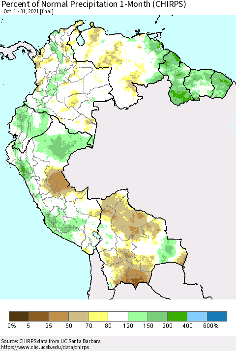 Northern South America Percent of Normal Precipitation 1-Month (CHIRPS) Thematic Map For 10/1/2021 - 10/31/2021