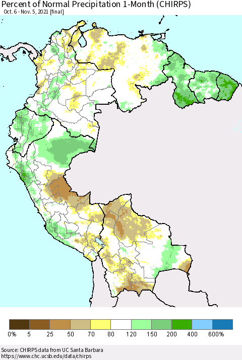 Northern South America Percent of Normal Precipitation 1-Month (CHIRPS) Thematic Map For 10/6/2021 - 11/5/2021
