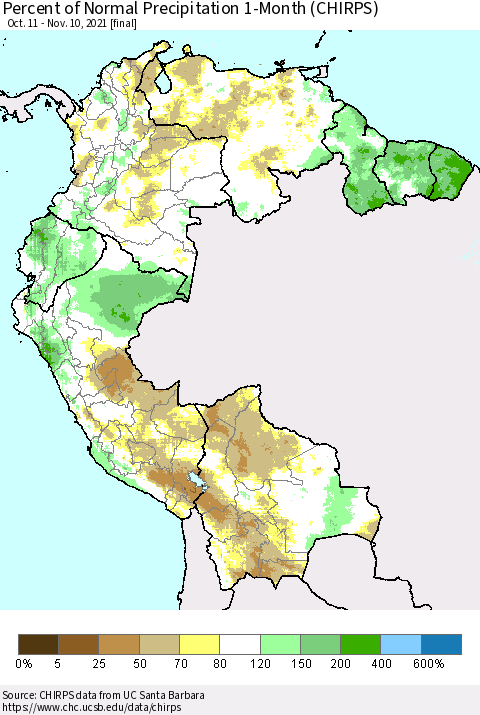 Northern South America Percent of Normal Precipitation 1-Month (CHIRPS) Thematic Map For 10/11/2021 - 11/10/2021