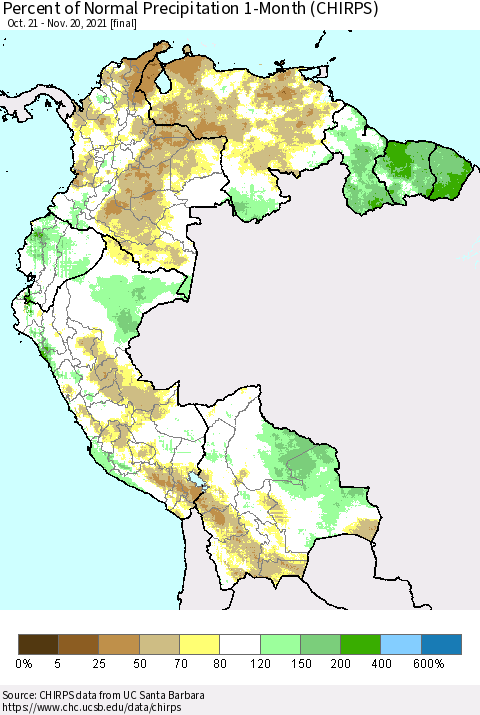 Northern South America Percent of Normal Precipitation 1-Month (CHIRPS) Thematic Map For 10/21/2021 - 11/20/2021