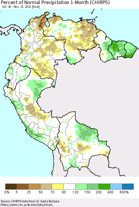 Northern South America Percent of Normal Precipitation 1-Month (CHIRPS) Thematic Map For 10/26/2021 - 11/25/2021