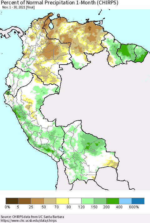 Northern South America Percent of Normal Precipitation 1-Month (CHIRPS) Thematic Map For 11/1/2021 - 11/30/2021