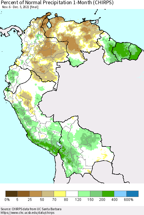 Northern South America Percent of Normal Precipitation 1-Month (CHIRPS) Thematic Map For 11/6/2021 - 12/5/2021