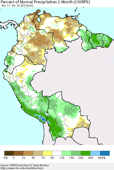 Northern South America Percent of Normal Precipitation 1-Month (CHIRPS) Thematic Map For 11/11/2021 - 12/10/2021