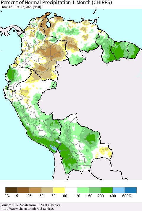 Northern South America Percent of Normal Precipitation 1-Month (CHIRPS) Thematic Map For 11/16/2021 - 12/15/2021