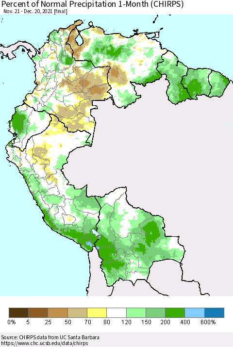 Northern South America Percent of Normal Precipitation 1-Month (CHIRPS) Thematic Map For 11/21/2021 - 12/20/2021