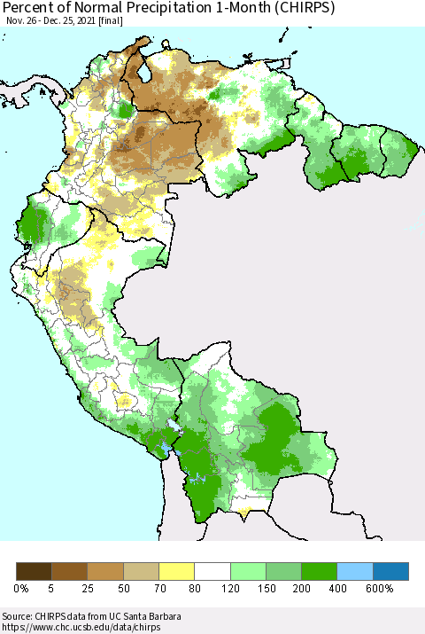 Northern South America Percent of Normal Precipitation 1-Month (CHIRPS) Thematic Map For 11/26/2021 - 12/25/2021