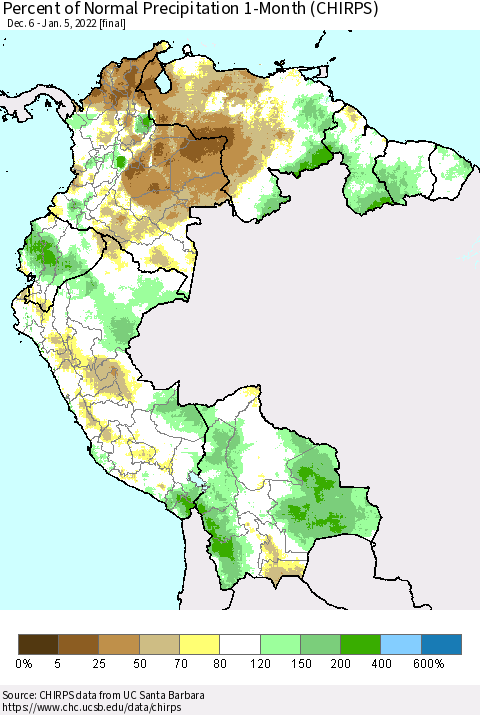 Northern South America Percent of Normal Precipitation 1-Month (CHIRPS) Thematic Map For 12/6/2021 - 1/5/2022