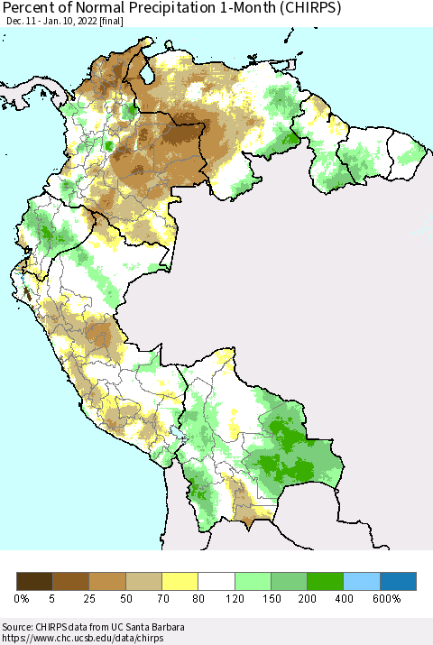 Northern South America Percent of Normal Precipitation 1-Month (CHIRPS) Thematic Map For 12/11/2021 - 1/10/2022