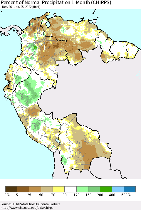 Northern South America Percent of Normal Precipitation 1-Month (CHIRPS) Thematic Map For 12/26/2021 - 1/25/2022