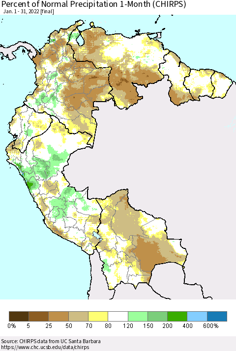 Northern South America Percent of Normal Precipitation 1-Month (CHIRPS) Thematic Map For 1/1/2022 - 1/31/2022